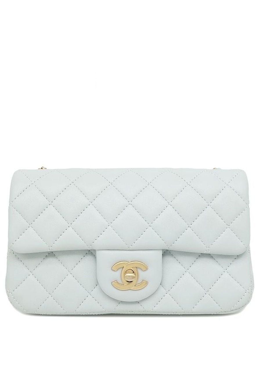 Chanel Shoulder Bag Quilted Chain Lambskin Light Blue Vintage CC Logo